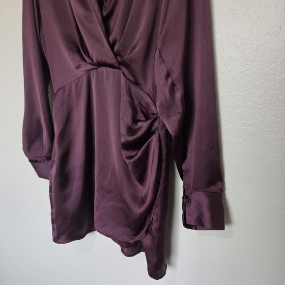 NWT Zara | Satin Ruched Shirt Dress Silky Eggplant Womens Large - Picture 5 of 9